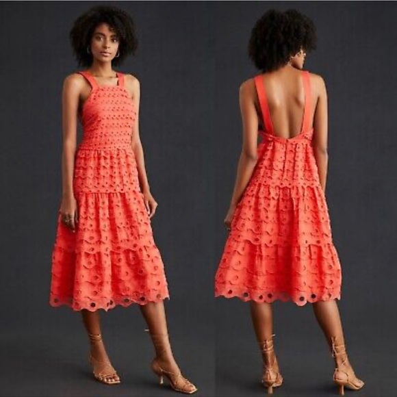 NWT Maeve Anthropologie Eyelet Midi Dress Red/Rouge Cotton $260 - Picture 1 of 15